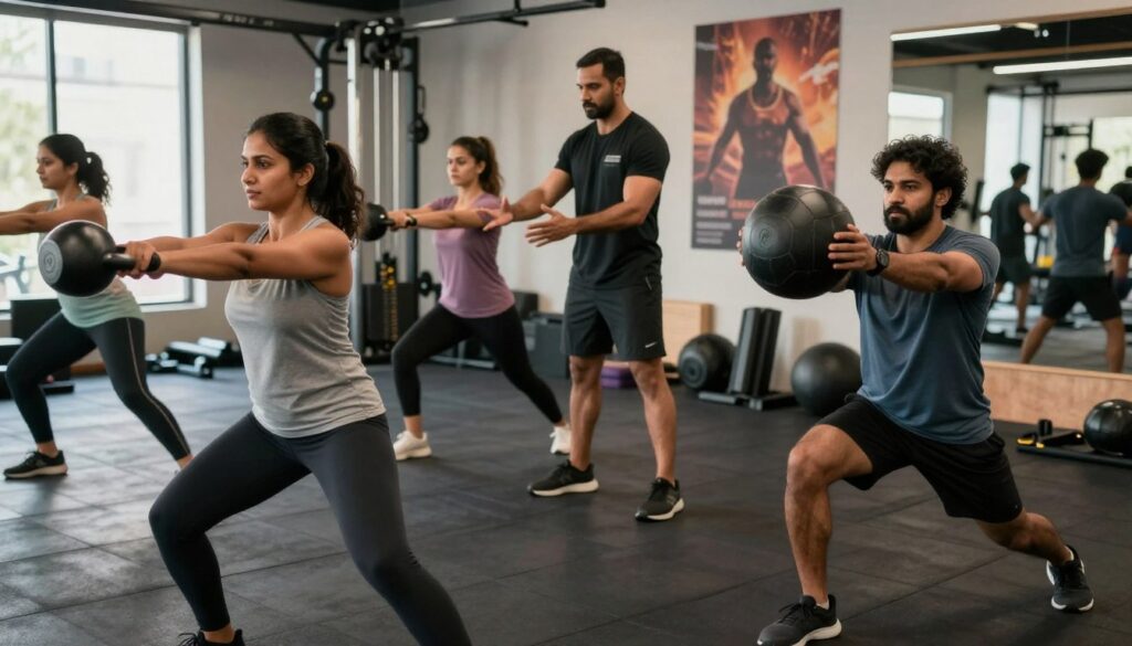 A vibrant scene depicting a diverse group of individuals engaged in functional training at a modern gym in India. In the foreground, a South Asian woman dressed in modest athletic wear performs a kettlebell swing, showcasing dynamic movement. To her right, a South Asian man executes a lunge with a medicine ball, demonstrating focus and strength. In the middle ground, a personal trainer from Quantum Physiotherapy guides another participant through an exercise, emphasizing technique and correct posture. The background features gym equipment and motivational posters, with soft, natural lighting creating an inviting atmosphere. Capture the energy and collaboration in this small group training environment, instilling a sense of community and support. The angle should be slightly elevated to encompass all participants, focusing on their movements and expressions while maintaining an upbeat vibe. A vibrant scene depicting a diverse group of individuals engaged in functional training at a modern gym in India. In the foreground, a South Asian woman dressed in modest athletic wear performs a kettlebell swing, showcasing dynamic movement. To her right, a South Asian man executes a lunge with a medicine ball, demonstrating focus and strength. In the middle ground, a personal trainer from Quantum Physiotherapy guides another participant through an exercise, emphasizing technique and correct posture. The background features gym equipment and motivational posters, with soft, natural lighting creating an inviting atmosphere. Capture the energy and collaboration in this small group training environment, instilling a sense of community and support. The angle should be slightly elevated to encompass all participants, focusing on their movements and expressions while maintaining an upbeat vibe.