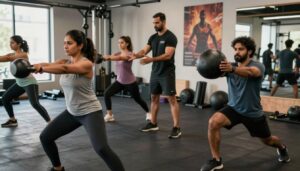 A vibrant scene depicting a diverse group of individuals engaged in functional training at a modern gym in India. In the foreground, a South Asian woman dressed in modest athletic wear performs a kettlebell swing, showcasing dynamic movement. To her right, a South Asian man executes a lunge with a medicine ball, demonstrating focus and strength. In the middle ground, a personal trainer from Quantum Physiotherapy guides another participant through an exercise, emphasizing technique and correct posture. The background features gym equipment and motivational posters, with soft, natural lighting creating an inviting atmosphere. Capture the energy and collaboration in this small group training environment, instilling a sense of community and support. The angle should be slightly elevated to encompass all participants, focusing on their movements and expressions while maintaining an upbeat vibe.