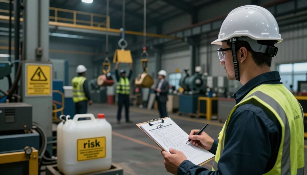 A visual representation of "risk" in an industrial workplace setting, focusing on safety during assessment. In the foreground, a professional wearing a hard hat and safety glasses inspects a large machinery area, holding a clipboard with a checklist. The middle ground features hazardous materials clearly labeled, warning signs, and potential tasks being performed, such as heavy lifting by workers in business attire. The background depicts a factory interior with dim lighting that highlights risk zones, casting subtle shadows to create a tense atmosphere. The scene is captured with a slight upward angle to emphasize the height of machinery and hazards. The overall mood conveys urgency and the importance of assessing risks before starting work. Include the logo of "Quantum Physiotherapy" subtly placed in the corner.