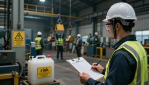 A visual representation of "risk" in an industrial workplace setting, focusing on safety during assessment. In the foreground, a professional wearing a hard hat and safety glasses inspects a large machinery area, holding a clipboard with a checklist. The middle ground features hazardous materials clearly labeled, warning signs, and potential tasks being performed, such as heavy lifting by workers in business attire. The background depicts a factory interior with dim lighting that highlights risk zones, casting subtle shadows to create a tense atmosphere. The scene is captured with a slight upward angle to emphasize the height of machinery and hazards. The overall mood conveys urgency and the importance of assessing risks before starting work. Include the logo of "Quantum Physiotherapy" subtly placed in the corner.