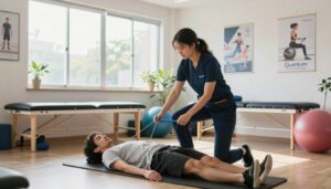A well-lit physiotherapy clinic focused on sports injury rehabilitation. In the foreground, a dedicated physiotherapist in a professional outfit is assisting an athlete in modest athletic wear as they perform rehabilitation exercises on a mat. The middle ground features various rehabilitation equipment, such as resistance bands and stability balls, emphasizing the active recovery process. In the background, large windows let in natural light, showcasing a calm and motivating environment, with motivational posters on the walls related to movement and wellness. The atmosphere is encouraging and supportive, conveying a sense of hope and determination. The branding "Quantum Physiotherapy" is subtly integrated into a visible wall design, reinforcing the professional setting dedicated to restoring motion and wellness.