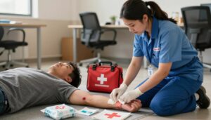A well-lit, realistic scene depicting first aid care in a workplace setting. In the foreground, a professional in a first aid uniform, showing a focused expression, is kneeling next to an injured colleague. The injured person, wearing modest casual clothing, has a visible but non-severe injury to their arm, receiving attentive care with various first aid supplies like bandages and ice packs around them. In the middle ground, a first aid kit is open, revealing its contents, including antiseptic wipes and gauze. The background showcases a typical office environment with subtle details like desks and chairs, enhancing the sense of urgency. Soft, natural lighting casts a warm atmosphere, creating a mood of urgency yet calm professionalism. A small logo of "Quantum Physiotherapy" is subtly included on the first aid kit.