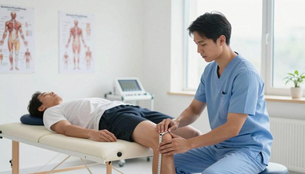 A well-lit sports clinic setting with a professional physiotherapist assessing an athlete's injury. In the foreground, the physiotherapist, dressed in smart casual attire, examines the athlete's knee, using a measuring tool to check mobility. The middle ground features a treatment table with medical equipment, and anatomical charts of human musculature on the walls, providing context. In the background, a window allows natural light to flood the room, creating a positive atmosphere. The color palette is calm with whites and light blues, evoking a sense of professionalism and trust. Include the brand name "Quantum Physiotherapy" subtly integrated into the environment without direct branding. The mood is focused and reassuring, emphasizing the importance of a thorough assessment in sports rehabilitation.