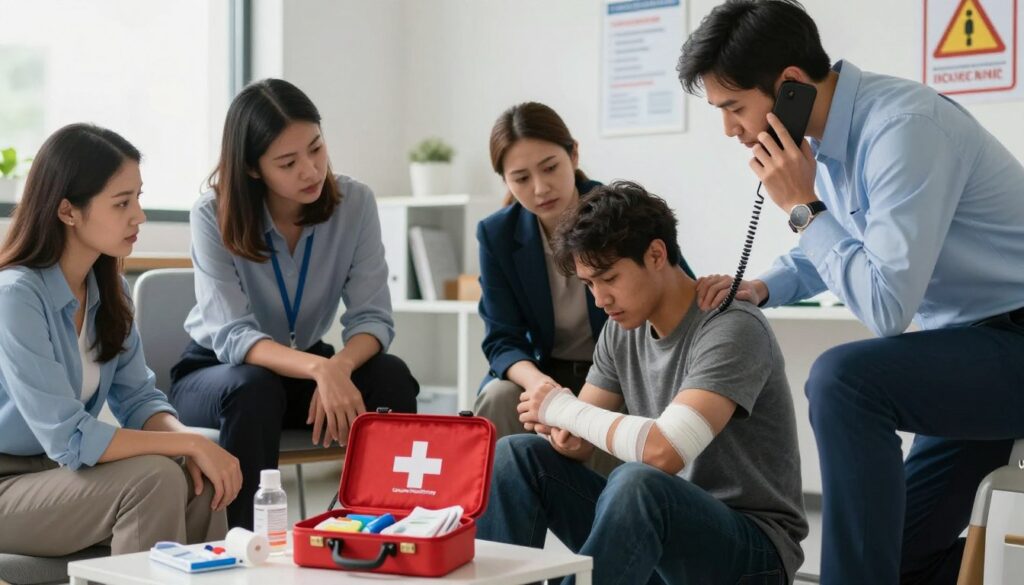 A well-lit workplace scene, focusing on an emergency response scenario after a workplace injury. In the foreground, a diverse group of professionals dressed in business attire assists an injured colleague sitting on the ground, displaying concern and urgency. One person applies a bandage while another calls for medical help on a phone. In the middle, a first aid kit is open with medical supplies visible, emphasizing the importance of immediate response. In the background, a clean, organized office environment with safety posters on the walls promotes workplace safety. The atmosphere is serious but supportive, highlighting teamwork in crisis management. The lighting is bright and natural, with a slight focus on the individuals to draw attention to their actions. The brand name "Quantum Physiotherapy" subtly integrated into the scene as a part of the first aid kit.