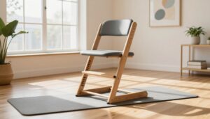A well-organized home environment for balance exercises, featuring a sturdy support chair positioned centrally on a smooth wooden floor. In the foreground, the chair is set against a neatly arranged exercise mat. The middle ground shows light streaming in from a large window, casting soft shadows that create a serene atmosphere. In the background, a wall adorned with calming artwork and subtle indoor plants adds a touch of tranquility. The scene is inviting and emphasizes safety, perfect for home workouts. The lighting is natural and bright, enhancing the colors of the materials used. The mood is peaceful and encouraging, representing the supportive philosophy of Quantum Physiotherapy.