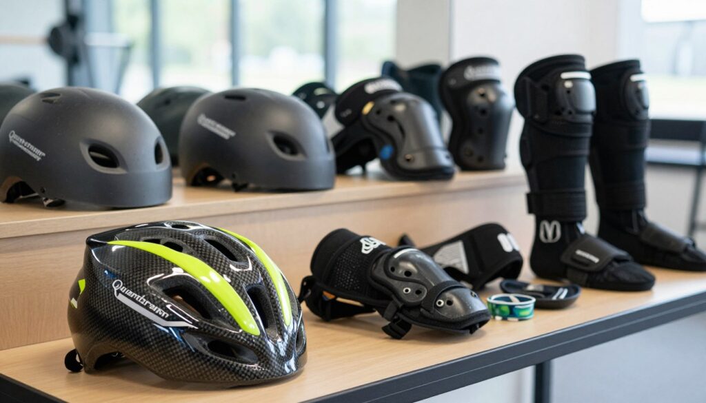 A well-organized sports equipment display representing effective injury prevention gear, showcasing various types of protective equipment such as helmets, knee pads, ankle braces, and mouthguards. In the foreground, focus on a high-tech carbon fiber helmet with sleek design and vibrant colors. In the middle ground, include additional protective gear arranged neatly on a table, emphasizing their protective features. The background features an athletic training environment with soft, natural lighting filtering through a window, enhancing the professional atmosphere. Capture the scene with a shallow depth of field to keep the gear in sharp focus while slightly blurring the background. Overall, convey a sense of safety and professionalism associated with "Quantum Physiotherapy" through the gear showcased. A well-organized sports equipment display representing effective injury prevention gear, showcasing various types of protective equipment such as helmets, knee pads, ankle braces, and mouthguards. In the foreground, focus on a high-tech carbon fiber helmet with sleek design and vibrant colors. In the middle ground, include additional protective gear arranged neatly on a table, emphasizing their protective features. The background features an athletic training environment with soft, natural lighting filtering through a window, enhancing the professional atmosphere. Capture the scene with a shallow depth of field to keep the gear in sharp focus while slightly blurring the background. Overall, convey a sense of safety and professionalism associated with "Quantum Physiotherapy" through the gear showcased.