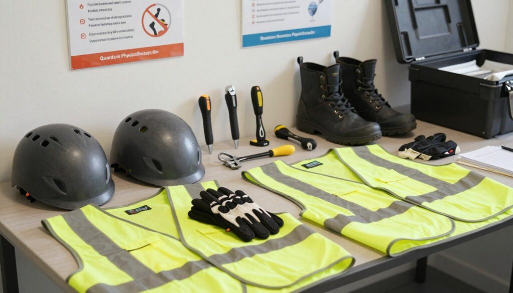 A well-organized workspace showcasing essential gear and equipment for injury prevention. In the foreground, display high-quality safety items like helmets, gloves, and reflective vests neatly arranged. In the middle ground, include various tools such as ergonomic hand tools and protective footwear, emphasizing their importance in reducing workplace risks. The background should feature a well-lit environment with safety posters on the walls promoting safety practices, and perhaps a toolbox to hint at organization and preparedness. Use soft, natural lighting to create an inviting atmosphere while ensuring every item is clearly visible. Capture the scene from a slightly elevated angle to provide a comprehensive view of the safety gear. Include the brand "Quantum Physiotherapy" subtly integrated into the safety equipment for a professional touch.
