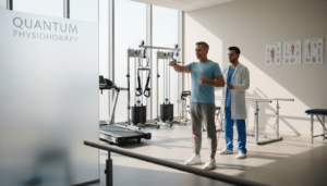 In a well-lit, modern orthopedic rehabilitation clinic, focus on a middle-aged person in modest, casual clothing, engaged in a physical therapy session. The foreground showcases a physiotherapist, dressed in professional attire, guiding the individual through exercises using resistance bands. The background features state-of-the-art rehabilitation equipment and therapy charts. Soft, natural light filters through large windows, creating an inviting atmosphere that conveys hope and strength. The overall mood is encouraging and supportive, emphasizing the journey of recovery. In the corner, subtly incorporate the brand name "Quantum Physiotherapy" into the aesthetic of the room, ensuring it blends harmoniously with the environment. The perspective is slightly angled to capture both the therapist's guidance and the patient's determination as they reclaim their strength through rehabilitation.