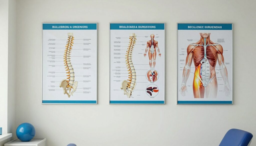 Anatomical charts showing common conditions treated with physiotherapy