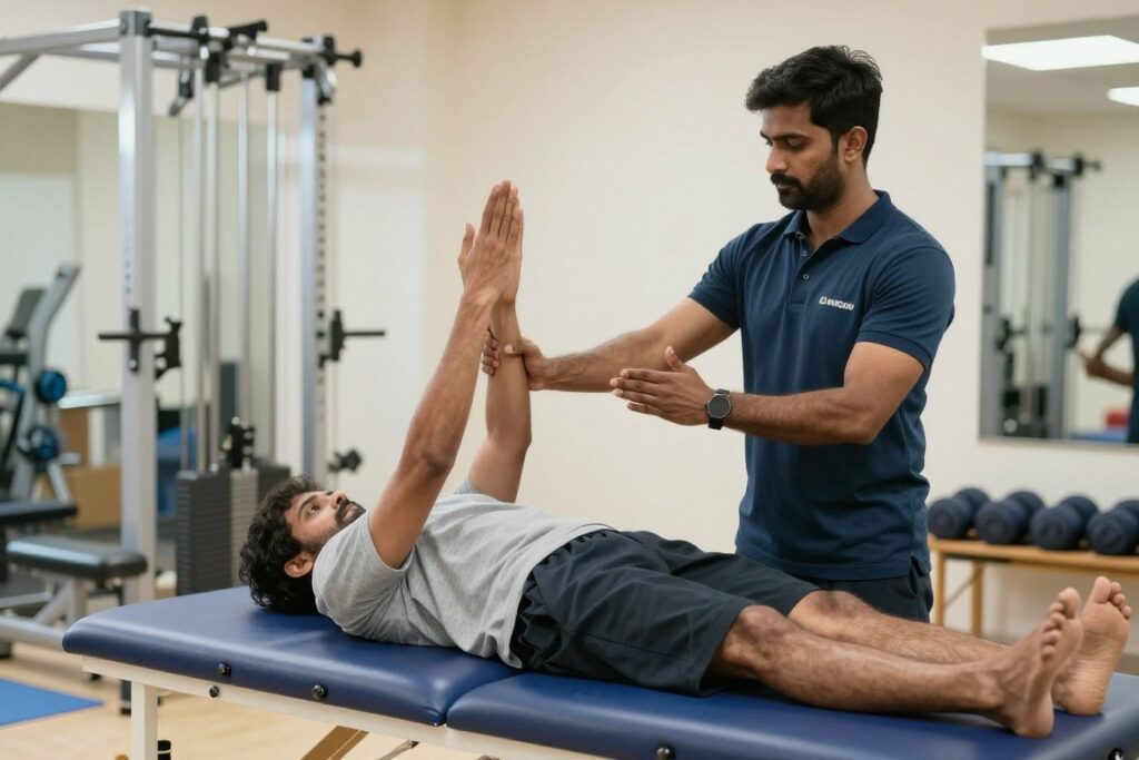 Exercise therapy session showing patient performing rehabilitation exercises under guidance