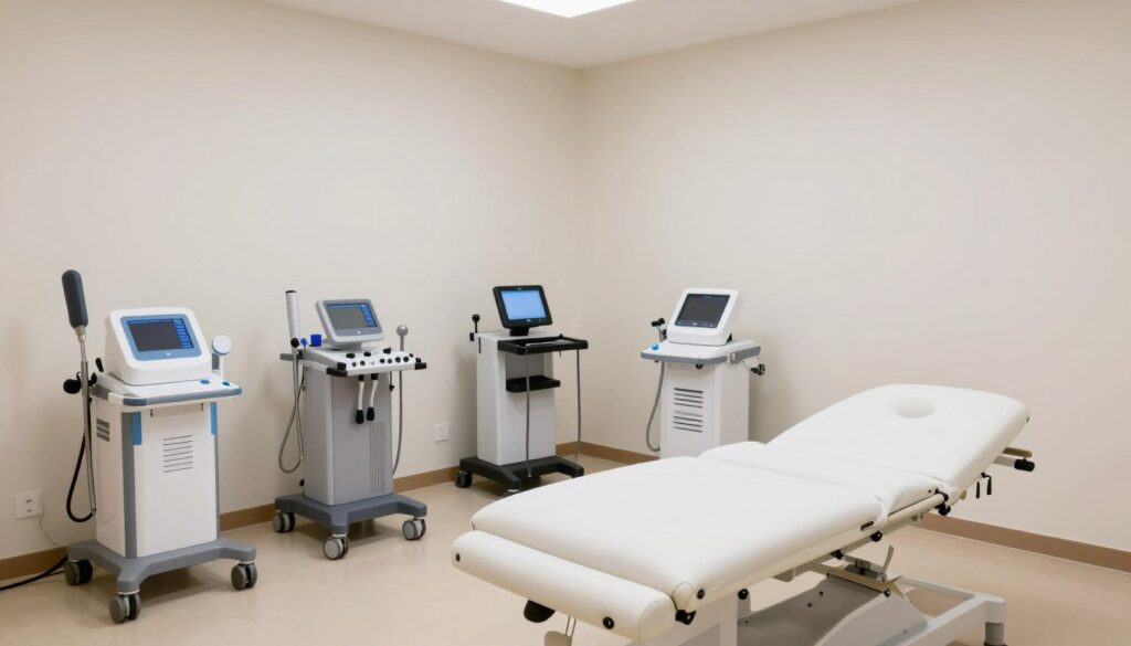 Modern physiotherapy treatment room with equipment at Vijaya Bank Layout clinic
