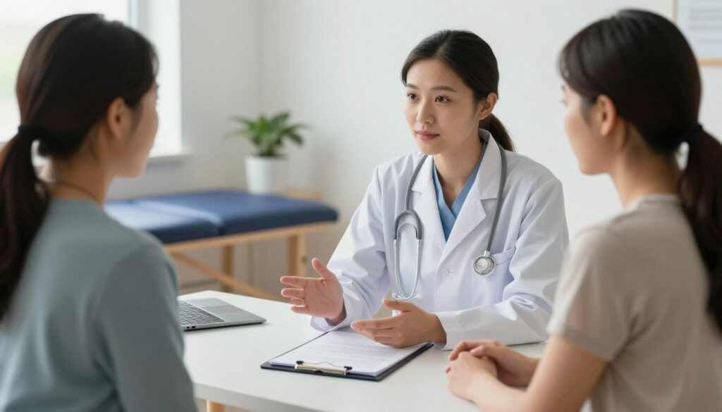 Patient consultation at physiotherapy clinic answering questions about treatment