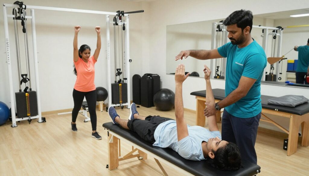 Patient performing therapeutic exercises in rehabilitation gym
