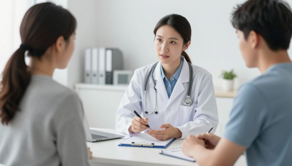 Physiotherapist answering patient questions at consultation Physiotherapist answering patient questions at consultation