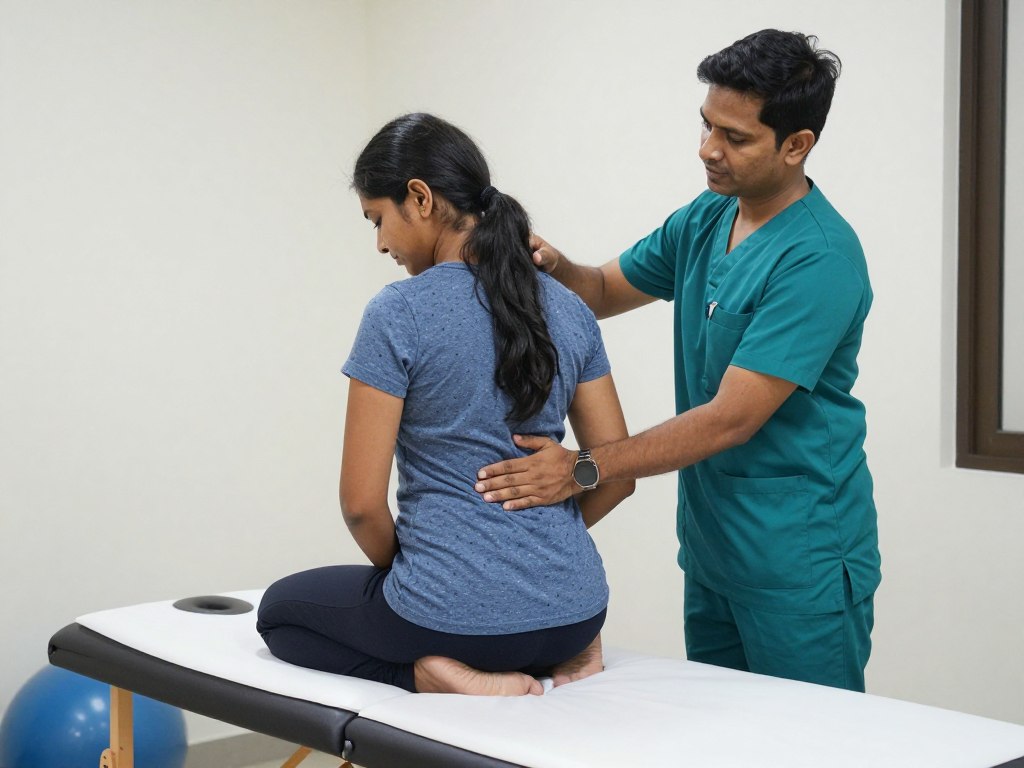 Physiotherapist conducting movement assessment for back pain patient in Akshaya Nagar clinic
