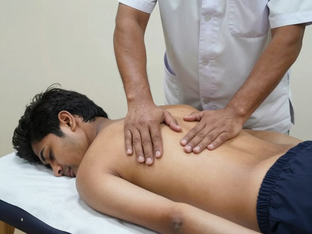 Physiotherapist treating patient with lower back pain using manual therapy