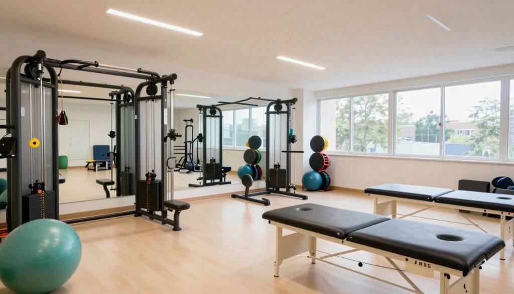 Rehabilitation gym area with exercise equipment for physiotherapy treatment programs